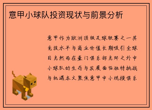 意甲小球队投资现状与前景分析